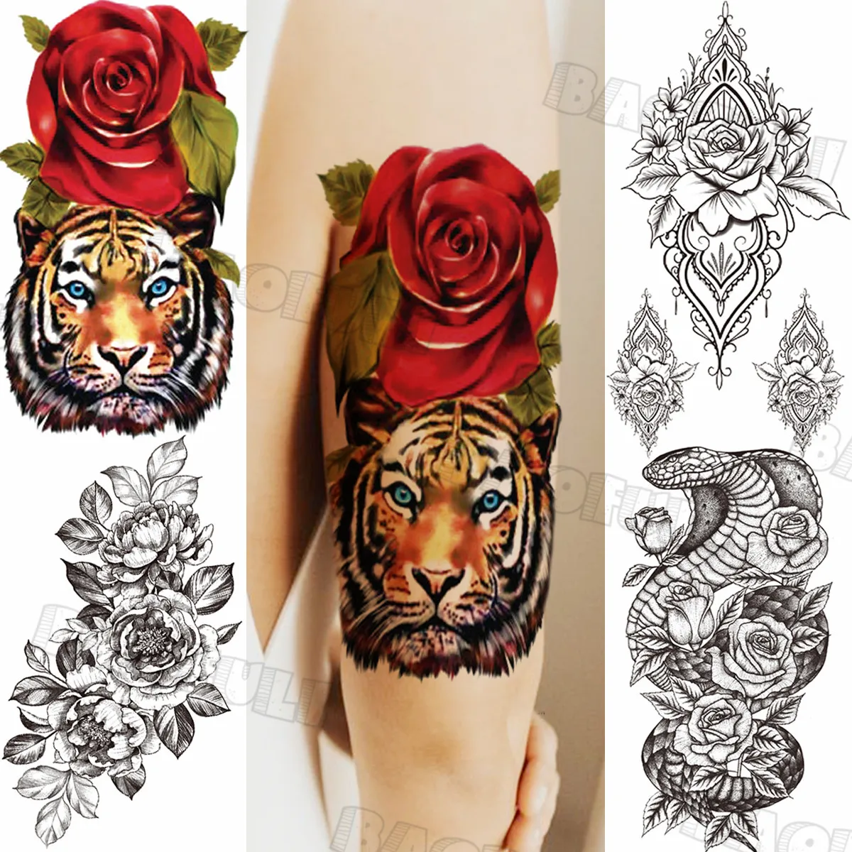 

Временные татуировки 3D акварельные тигровые розы для женщин, геометрические пионы для взрослых, змея, искусственная татуировка, индивидуал...