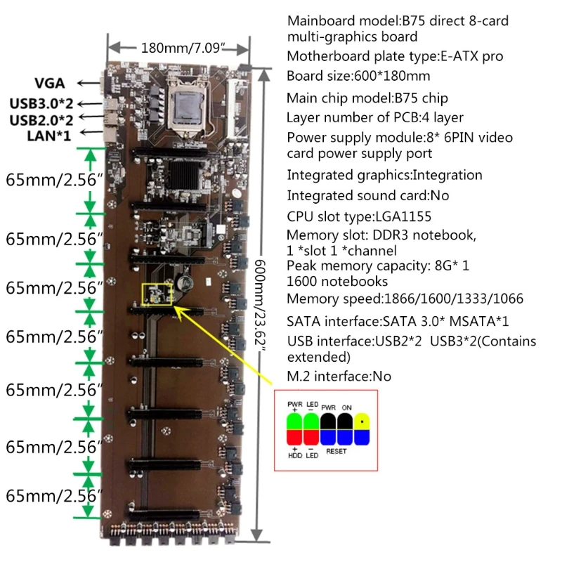 Фото 2022 новая майнинговая материнская плата для настольного компьютера BTC Φ 8PCI-E B75 LGA 1155 DDR3 16G SATA3 USB3.0 BTC №5