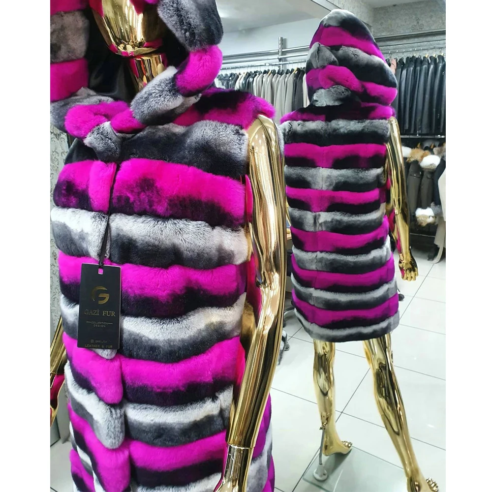 Fashion Women Real Rex Rabbit Fur Vest with Hood Thick Warm Fur Overcoat Luxury Color Patchwork Rex Rabbit Fur Gilets Mid-length