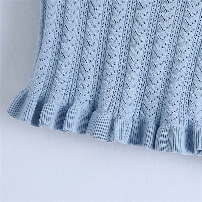 

Women Sweet Fashion With Ruffled Cropped Knitted Sweater Patchwork Collar Short Sleeve Female Pullovers Chic Tops