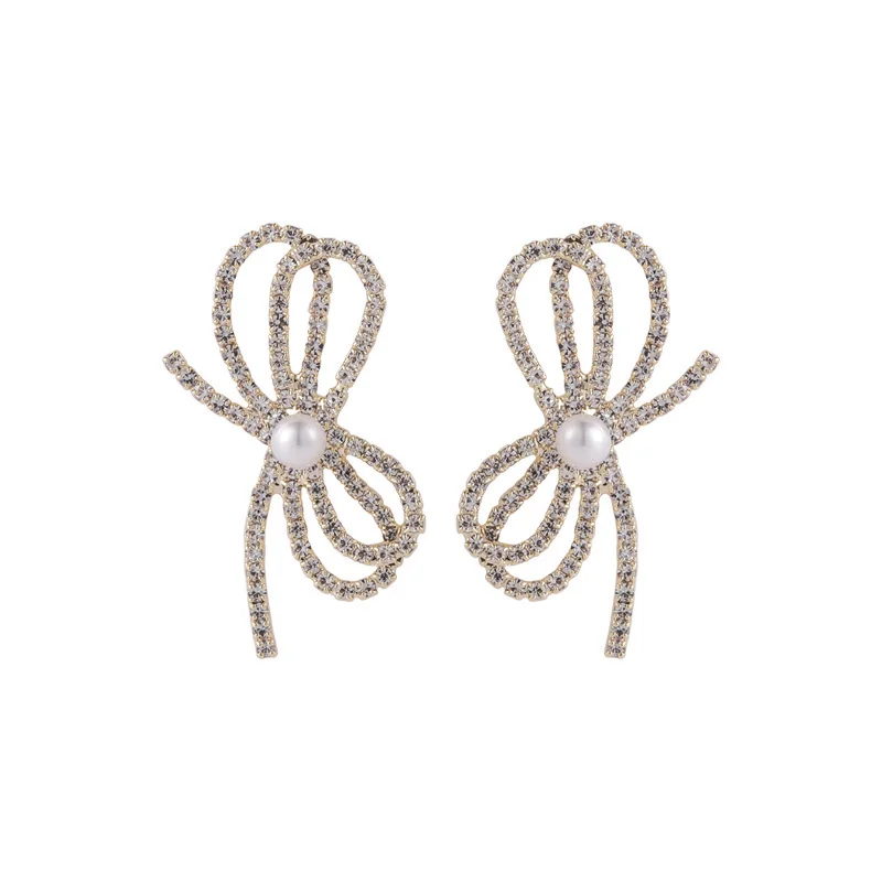 

New Creative Imitation Pearl Rhinestone Bow Earrings Personalized Girl Drop Earrings for Women Fashion Jewelry Accessories
