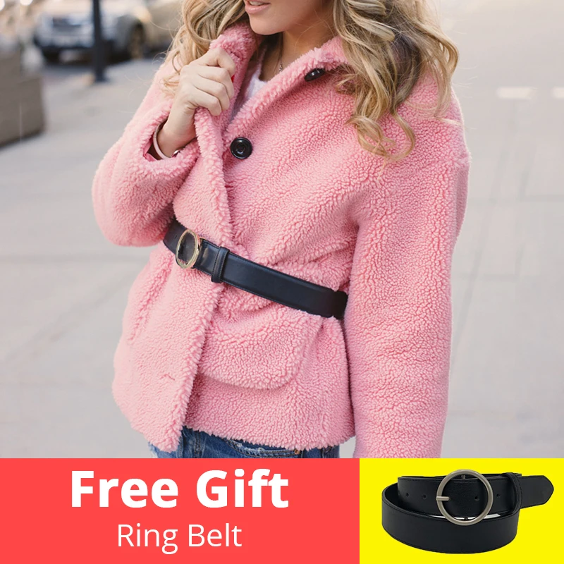 Розовый плюшевый мишка из искусственного ягненка куртка пальто женская верхняя