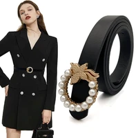 new high quality women leather belts cute waist strap design pearl buckle female girl ladies waistband with jeans belt 2021