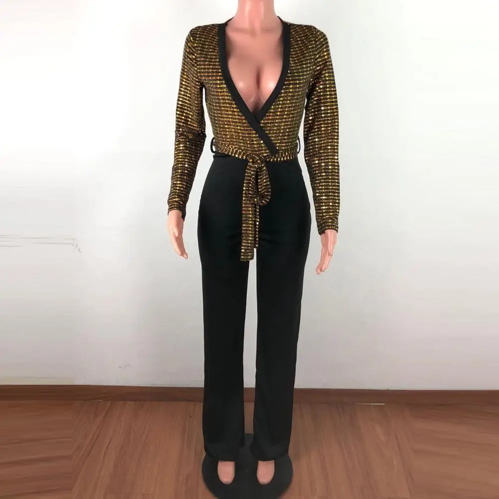 Sequined Slim Women Jumpsuits Black Sexy Solid Leotard Long Sleeves Straight Rompers Partywear Monos de Fiesta 2020 New Hot YE |