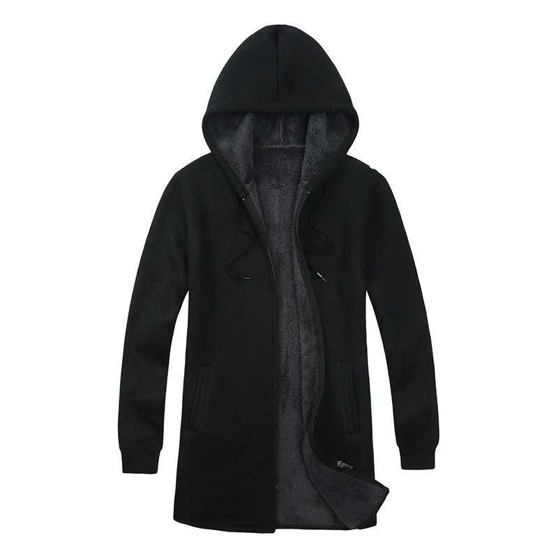 Winter Casual Thick Fleece Lining Mens Medium Length Trench Coats Long Sleeve Knitting Male Hooded Streetwear Plus Size | Мужская одежда