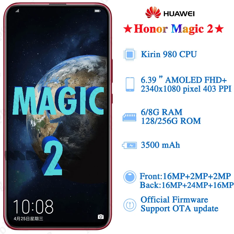 DHL Быстрая HuaWei Honor Magic 2 4 г сотовый телефон Kirin 980 Android 9,0 6,3" FHD 2340X1080 8 Гб оперативная память 256 Встроенная NFC 6 камера
