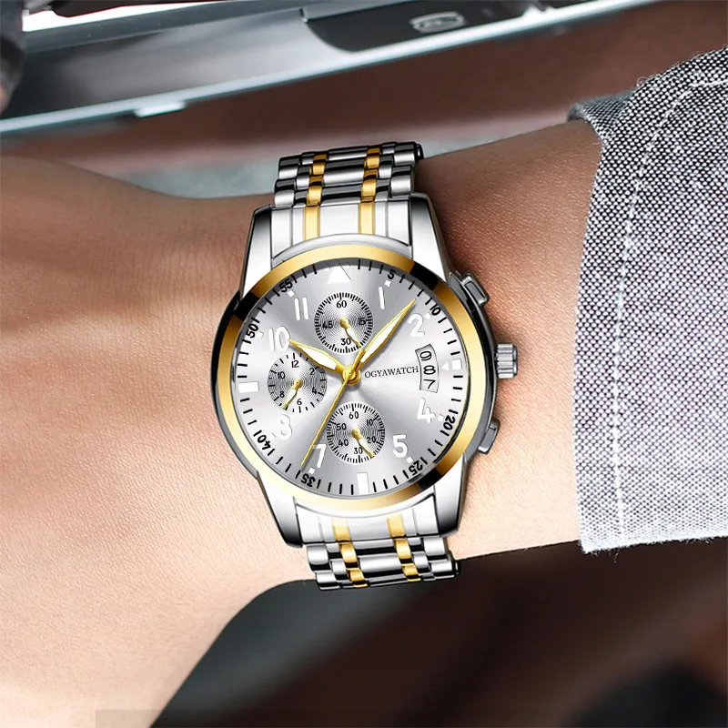 

OGY Luxury Brand Men Watch Classic 3 Eyes Steel Band Business Watch Mens Date Display Fashion Men's Clock reloj hombre 2020