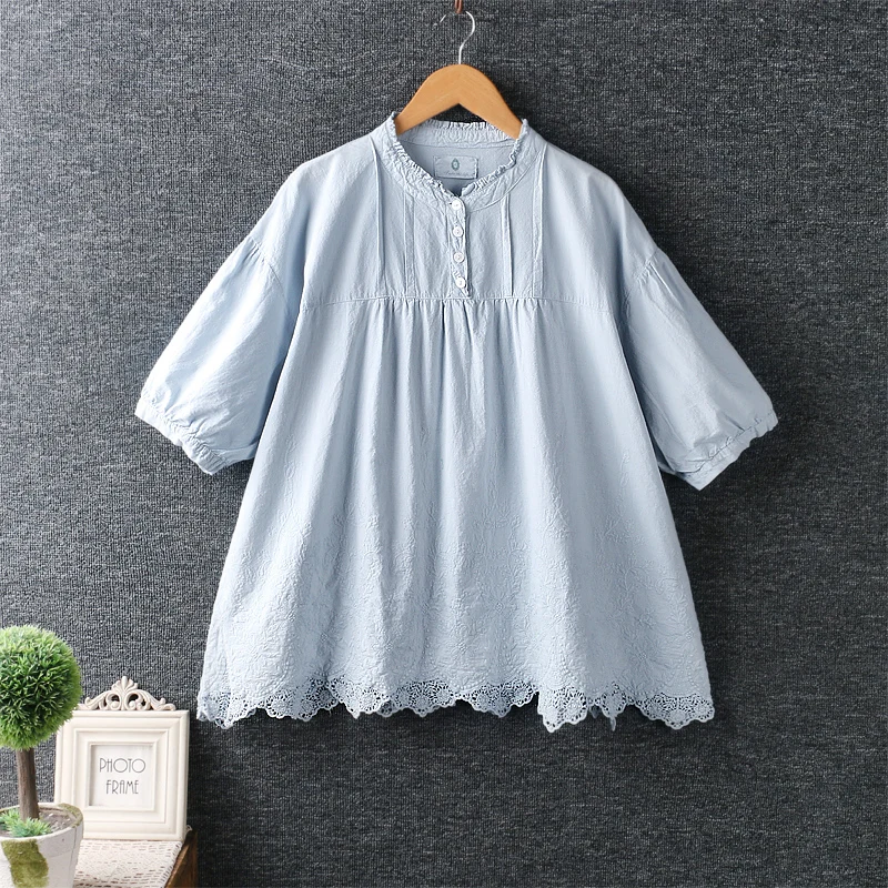 

Solid Hollow Flower Embroidery Hem sweet short sleeve top women shirt loose casual cotton top