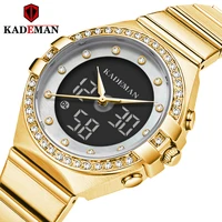 2020 kademan women watch led dual display elegant crystal quartz stainless steel waterproof dress wristwatch relogio feminino