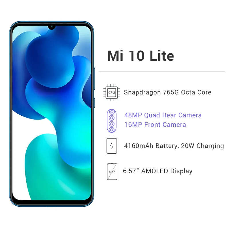 Глобальная версия смартфона Xiaomi Mi 10 Lite 6 ГБ + 128 Гб Snapdragon 76 Восьмиядерный процессор