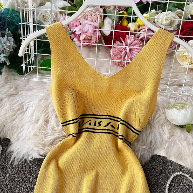 Женское трикотажное платье на бретельках LUOSHA обтягивающее свитер с v образным