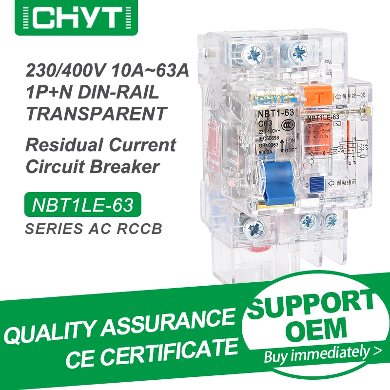 

Free Shipping CHYT NBT1LE-63 1P+N 2P 3P+N AC 230V 400V 63A 30mA 6KA Transparent Residual Current Circuit Breaker Leakage RCCB