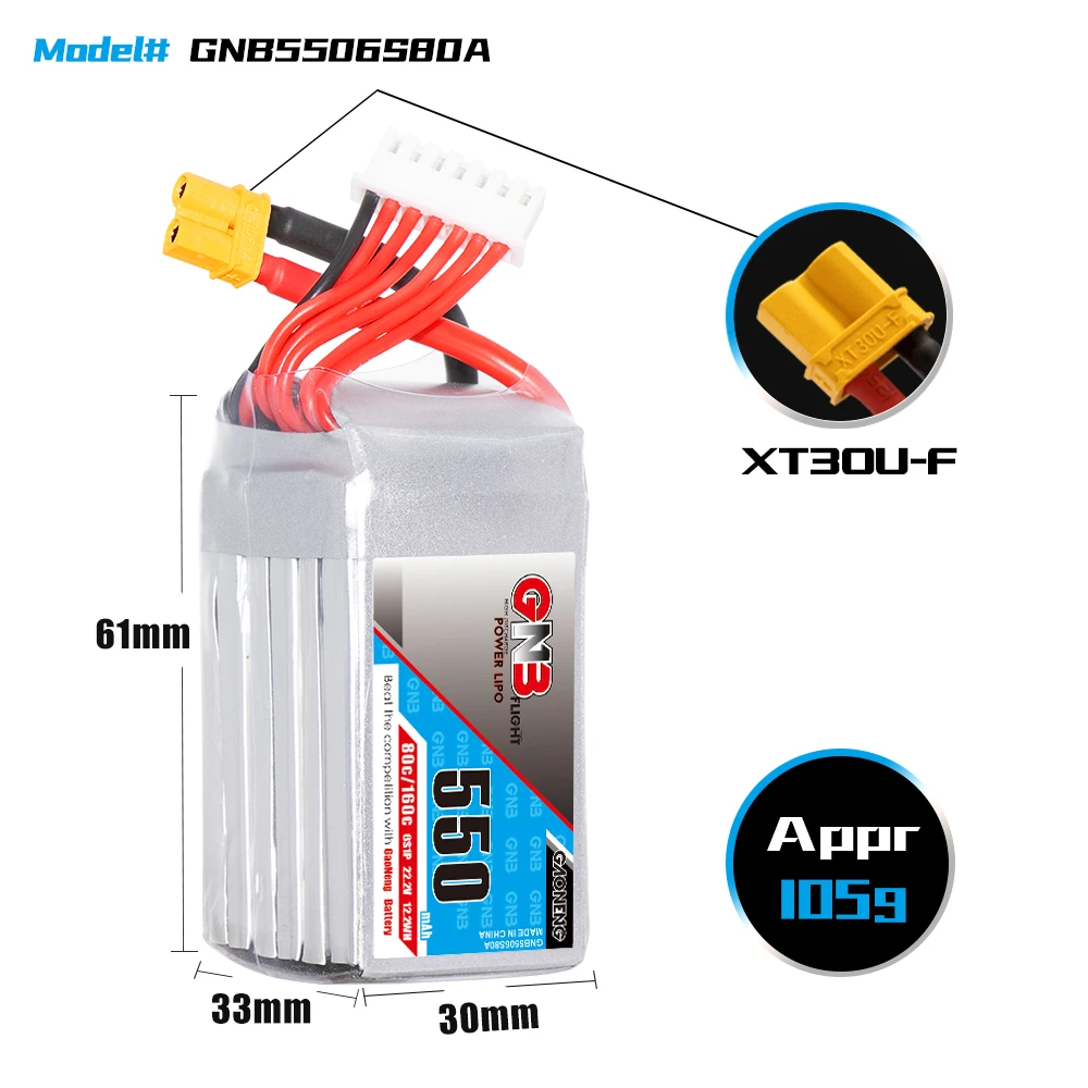 GAONENG GNB 6S1P 550mAh 22,2 V 80C/160C bater&iacute;a Lipo XT30 o XT60 enchufe para FPV Racing Drone RC Quadcopter helic&oacute;ptero piezas-1