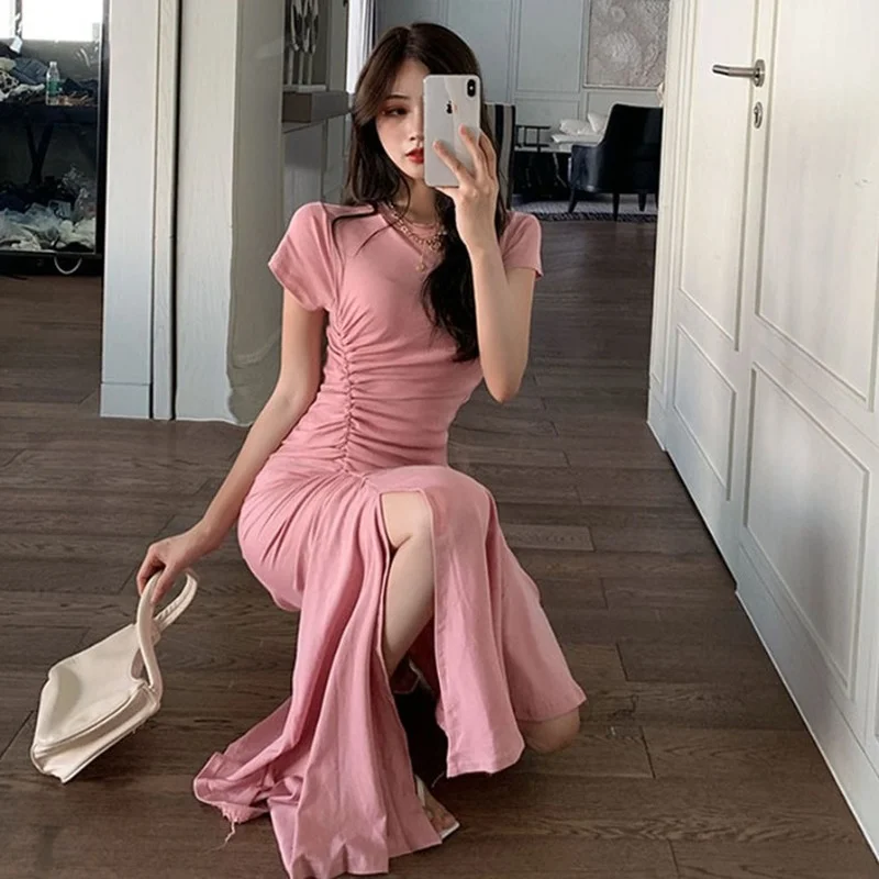 

Summer Casual Sweet Cotton O Neck Short Sleeve Pink Pleated Split Mermaid Dress Women Long Black Dress Summer 2020