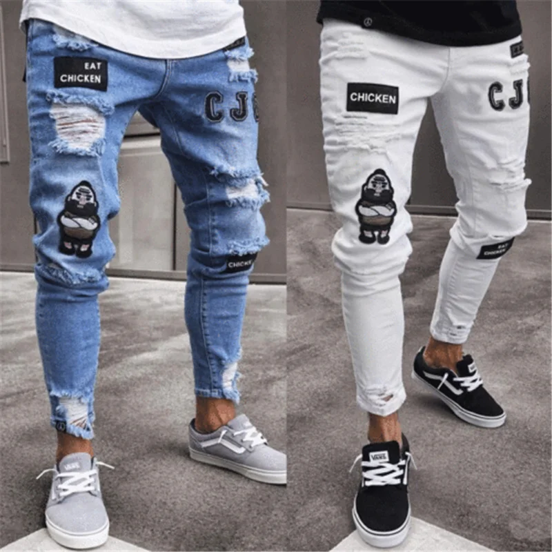 

3 Styles Men Stretchy Ripped Skinny Biker Embroidery Print Jeans Destroyed Hole Taped Slim Fit Denim Scratched High Quality Jean