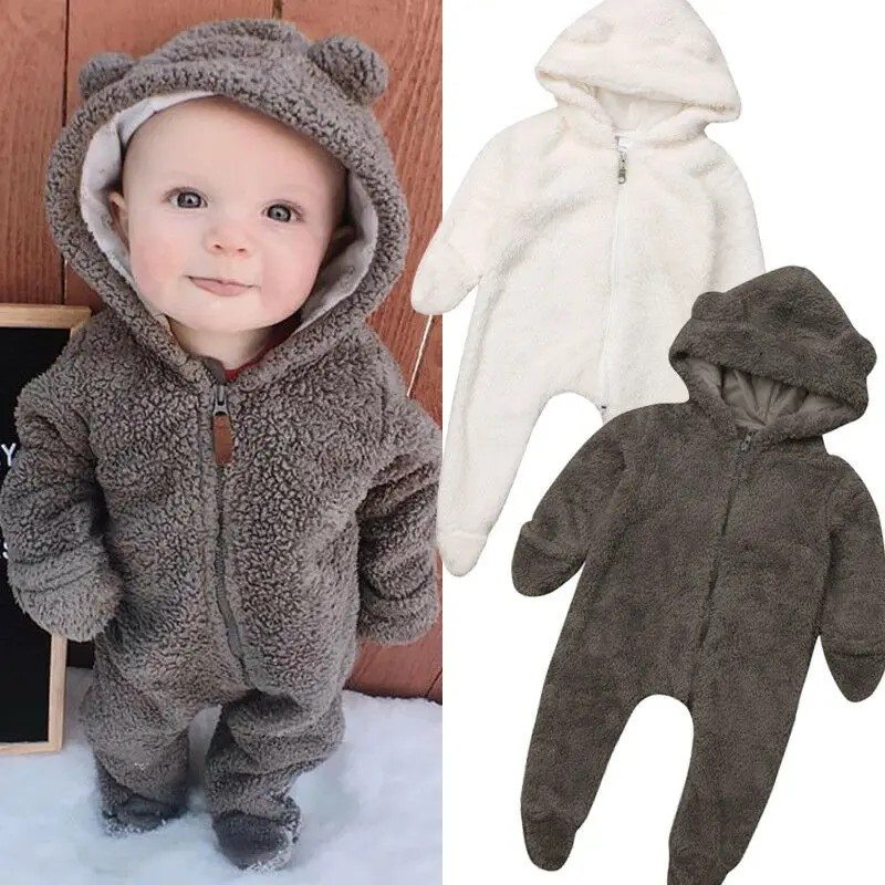 Emmababy Newborn Baby Girls Boys Winter Long Sleeve Solid Color Soft Warm Fuzzy Hooded Romper Jumpsuit Outfits Clothes |