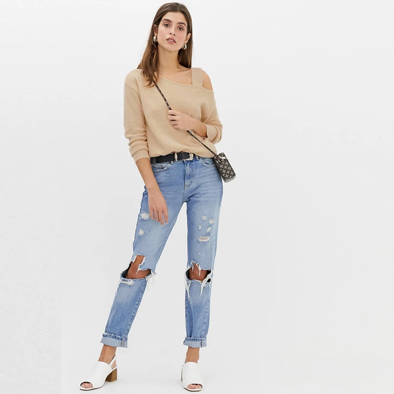 MINSUNDA Casual Light Khaki Cold Shoulder Solid Jumper One Strap Neck Long Sleeve Pullovers Women Streetwear Knitted Sweater | Женская