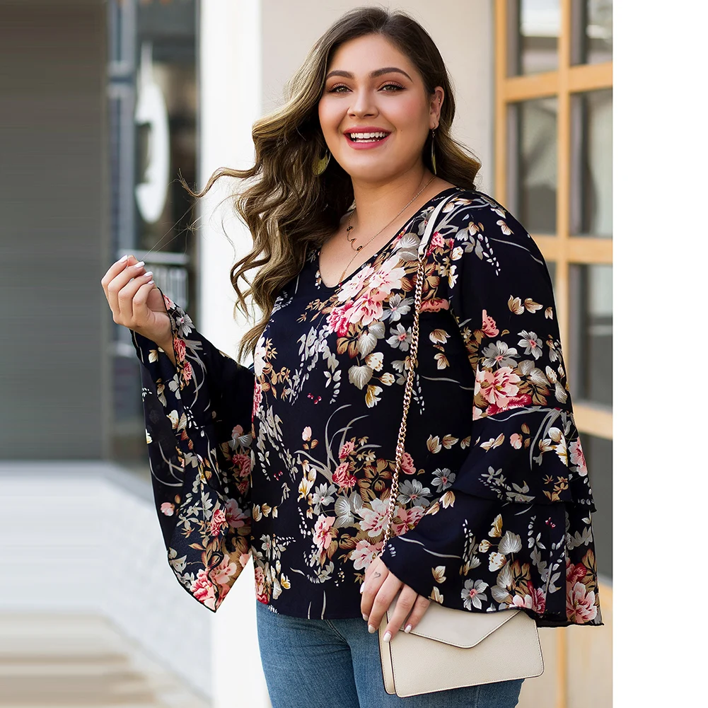 FADZECO блузки размера плюс для женщин цветочные печатные V образным вырезом с