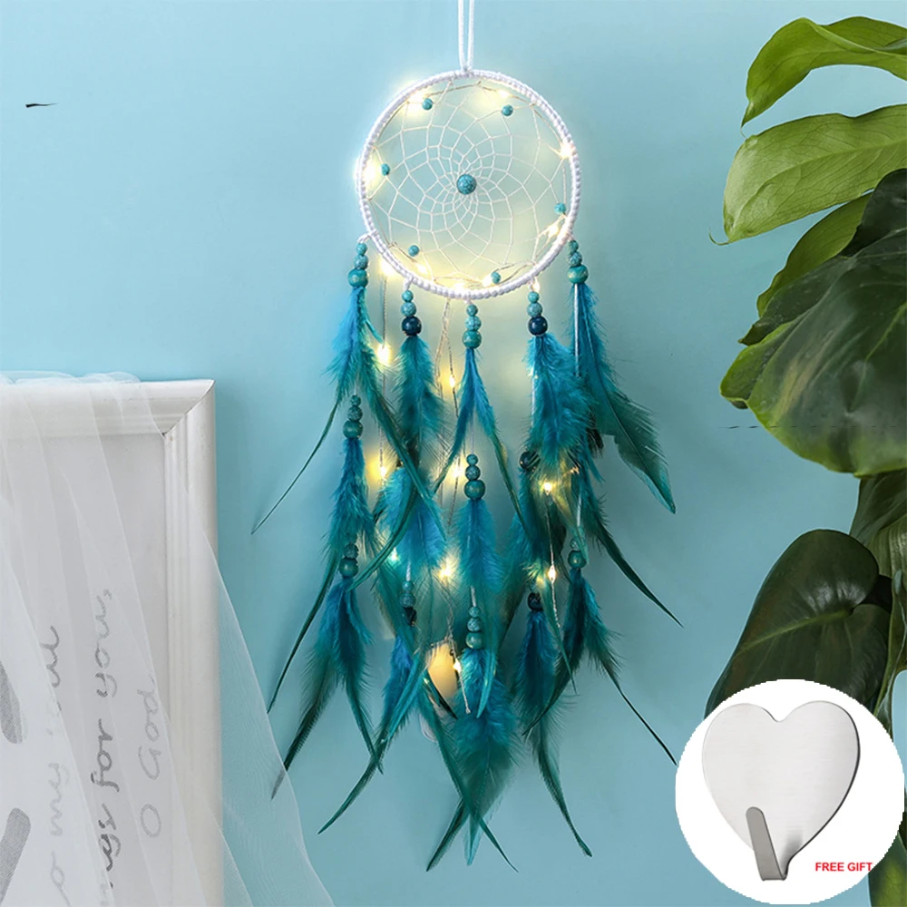 I With light Настенный Ловец снов, светодиодный ручной работы, перо, Ловец снов, плетеный колокольчик, искусство для Ловец снов, подвесной автомобиль, украшение для дома - Цвет: I With light