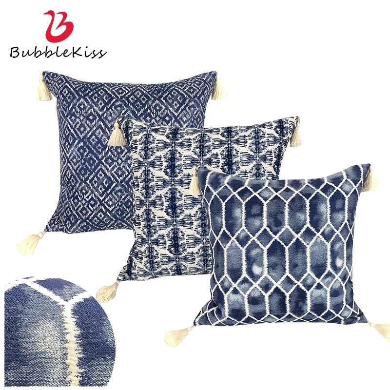 

Bubble Kiss European American Cushions Cover Blue Tassel Home Sofa Decorative Pillowcover Geometry Print Beds Throw Pillow Case