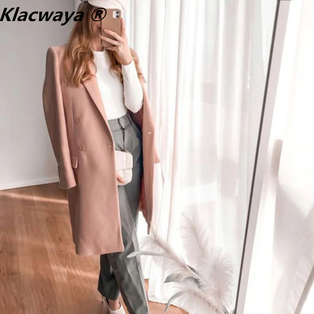 

Klacwaya Women Coat Jackets For Women 2021 Autumn Woolen Coat Pink Double Breasted Pocket Casual Long Coat Women Jacket