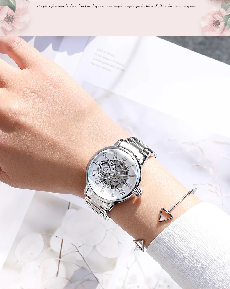 Reloj Mujer Montre Femme серебряные ЖЕНСКИЕ НАРЯДНЫЕ Часы Дамские автоматические механические часы с ремешком из нержавеющей стали