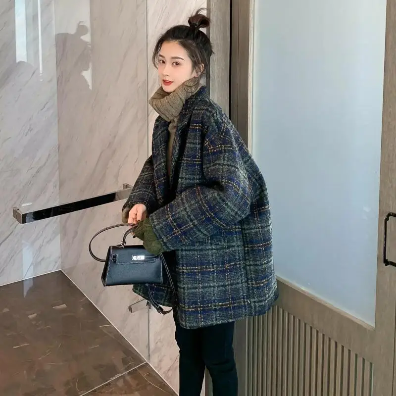 

Harajuku Woolen Plaid Jacket Female Korean Version of The School Long Section Ladies Coat 2020 Winter Leisure Loose Warm Jackets