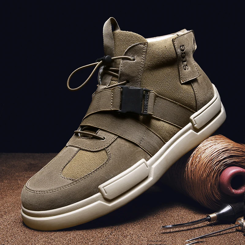 

High Quality Pig Suede Leather Men's Ankle Shoes Breathable Canvas Lace up Men's Shoes With Buckle Outdoor Walking Shoes For Men