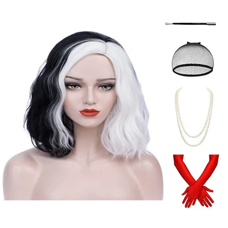 Парик для косплея Cruella Deville de Vil термостойкий с короткими вьющимися волнистыми