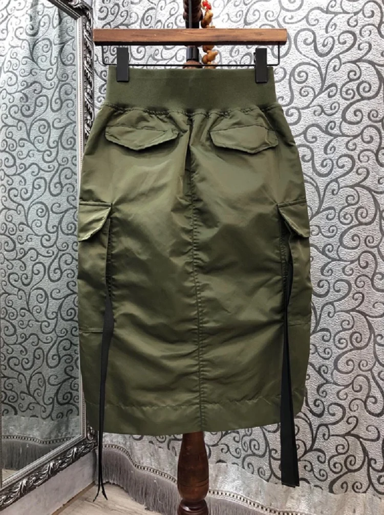

2020 Autumn Fashion Skirts High Quality Cotton Women Pocket Patchwork Mid-Calf Length Blue Green Pencil Ladies Basic Skirt