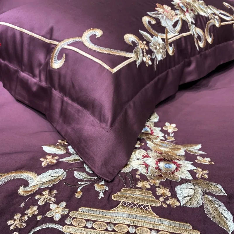 

Luxury Purple 80S Satin Egyptian Cotton Floral Embroidery Bedding Set Double Duvet Cover Set Bed Linen Fitted Sheet Pillowcases