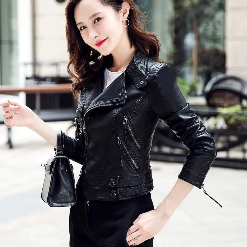 

2021 Autumn New Women's Long-Sleeved Short Leather Jacket Ladies Fashion Slim Locomotive Jacket