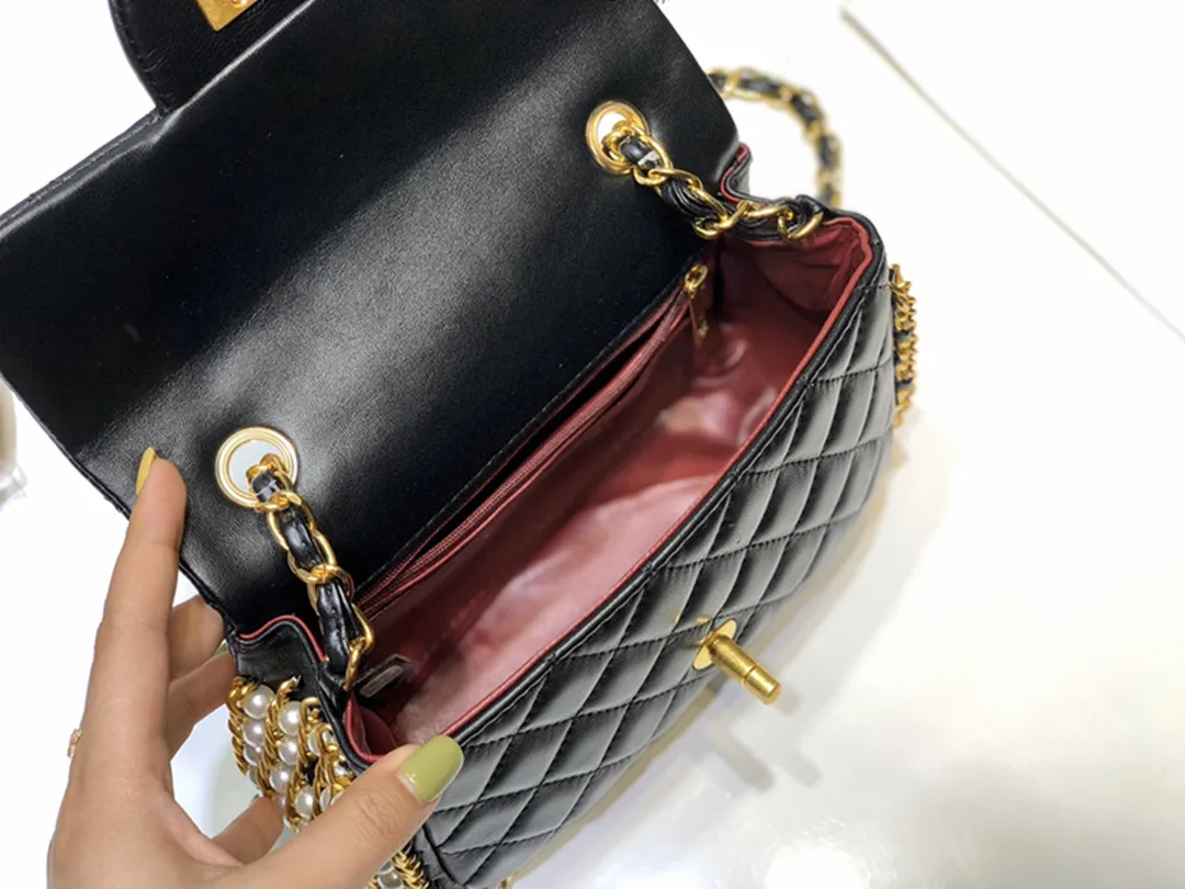 

New Classic Women's Genuine Leather Shoulder Bag Black with Gold chain Handbag Bags Ladies Handbags