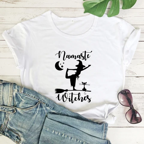 Футболка Namaste с ведьмами и кошками, забавная Женская футболка для занятий йогой, осенняя футболка на Хэллоуин