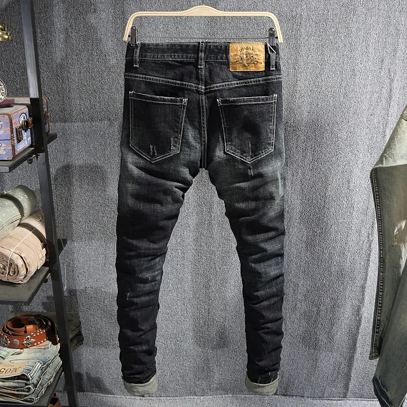 American Street Fashion Men Jeans Retro Black Blue Elastic Slim Fit Ripped Jeans Men Patches Designer Hip Hop Denim Punk Pants