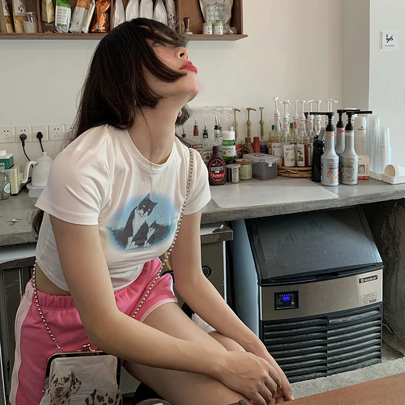 Милый Винтажный укороченный топ E-Girl в стиле Харадзюку С мультяшным принтом