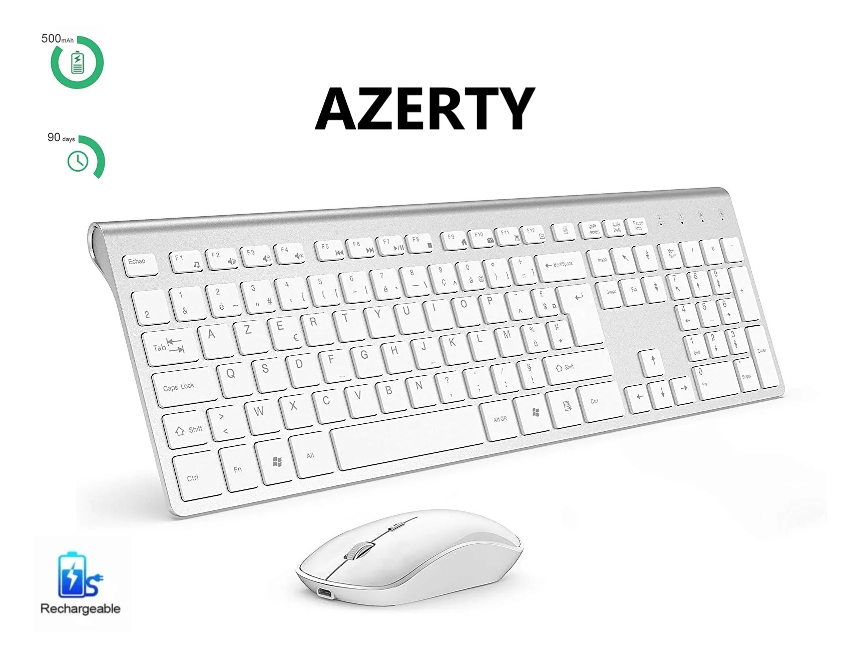 Teclado sem Fio e Mouse Fino com Teclado Azertyu com Bateria França Layout Combo-tamanho Completo Numérico Embutida
