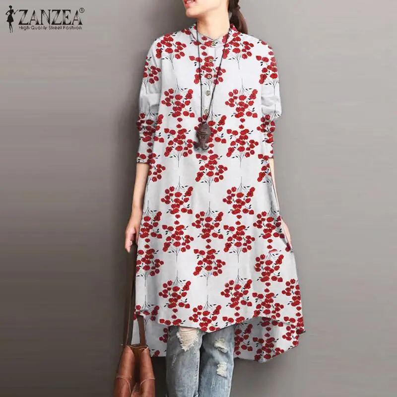 

Stand Collar Floral printed Shirt Dress Bohemian High Low Elegant Loose Button Sundress ZANZEA Autumn Womens Full Sleeve Blouse