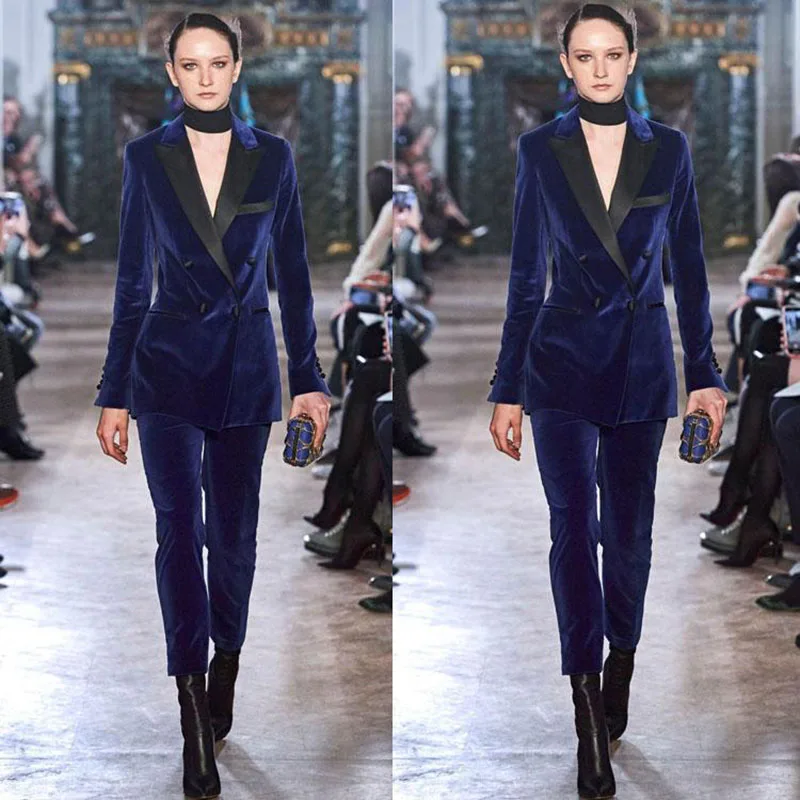 Women's 2 Piece Velvet Double-Breasted Suit Stage Party Tuxedo Business Commuter Work Wear Blazer + Trousers