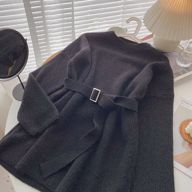 Корейский винтажный женский свитер Woherb с высоким воротником однотонный вязаный