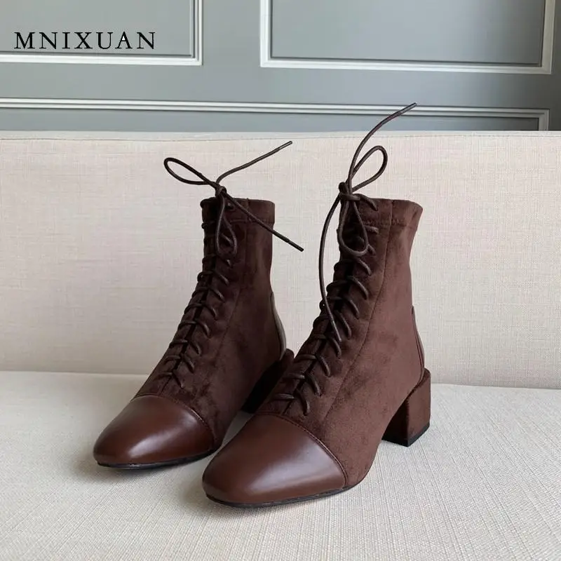 Женские ботильоны на шнуровке MNIXUAN черные ботинки из натуральной кожи блочном