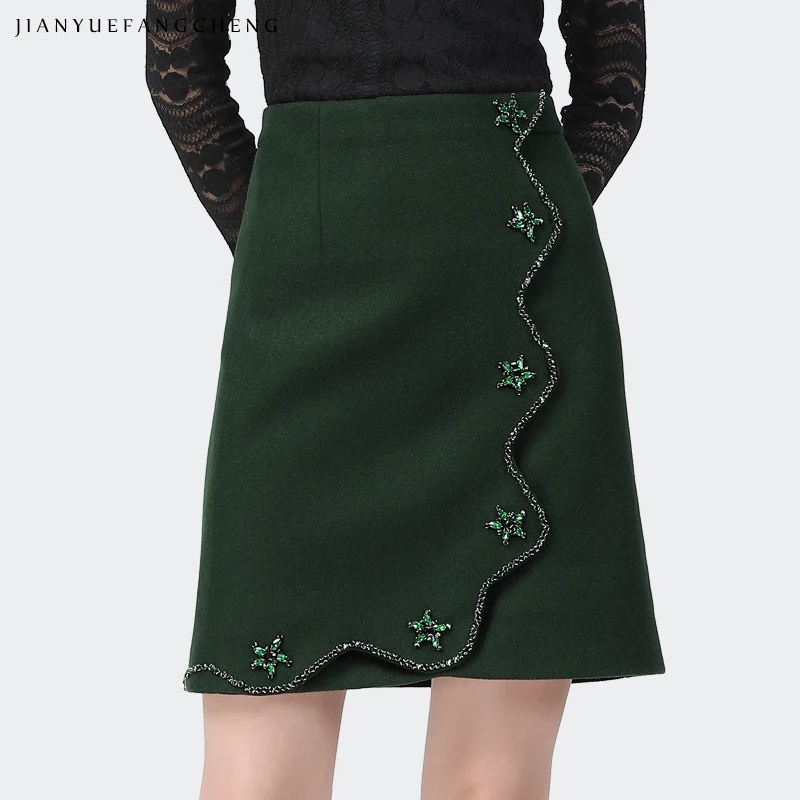 Women Winter Dark Green Short Woolen Skirt Fashion Irregular Beading HIgh Waist A-line Above-Knee Mini Skirts