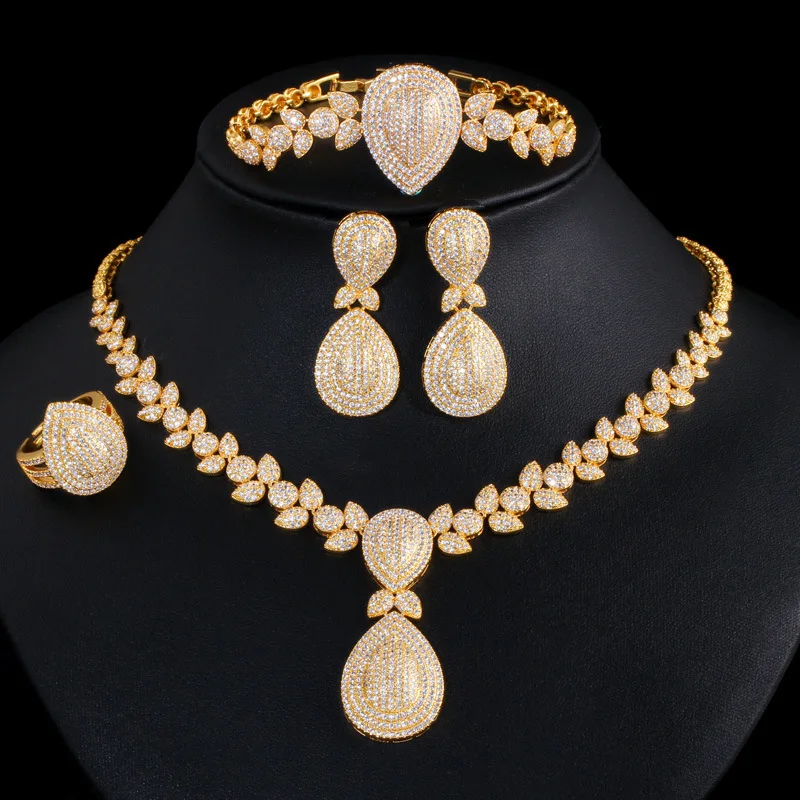 

2021 new fashion vintage luxury crystal CZ zircon golden necklace earring bracelet ring wedding bride dressing jewelry set