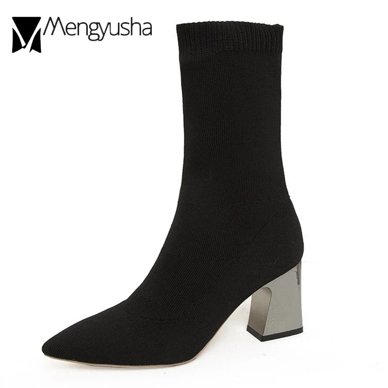 Glitter Sock Boots Women Chelsea Designer Stretch Booties Mid-Calf Winter Snow Botas Woman Plating High Heels Botines 3 Colors | Обувь