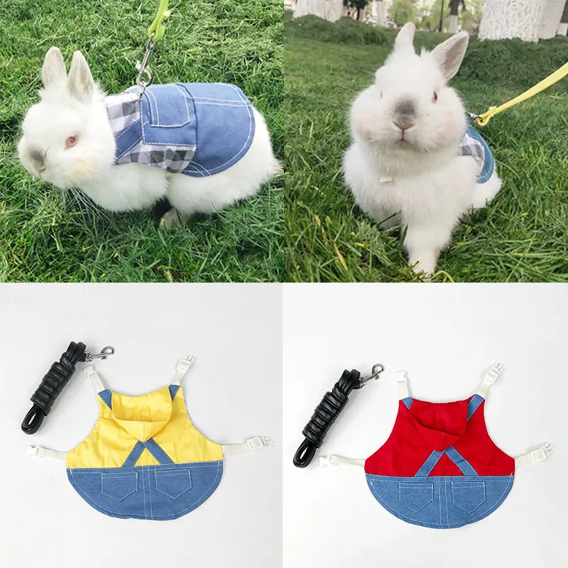 

Rabbit Cute Plaid Denim Clothes Harness Leash Vest Bag Hat Set for Ferret Bunny Hamster Small Pet Supplies Denim Jacket Coat