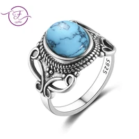 new bohemia style 8x10mm oval natural turquoise rings for women 925 silver ring fine jewelry for anniversary party gift