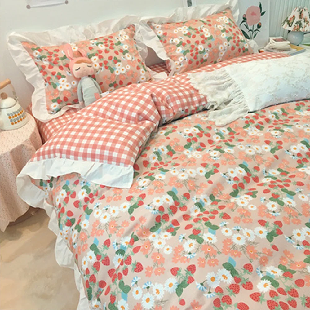 

Korean Printed Comforter Bedding Sets King Queen Size Cute Bed Sheets Premium Egyptian Cotton Silky Soft Duvet Cover Quilt 4pcs