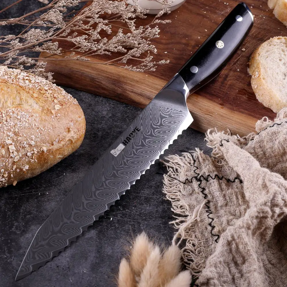 Дамасский нож для хлеба профессиональный кухонный инструмент из черного дерева