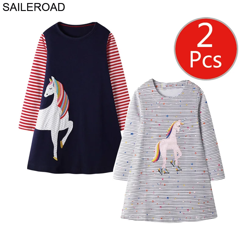 7104 7109 photo SAILEROAD 2шт. Единорог с длинным рукавом платье для детей 7 лет. Одежда для девочек. Карманные платья. Свадебные платья - Цвет: 7104 7109 photo