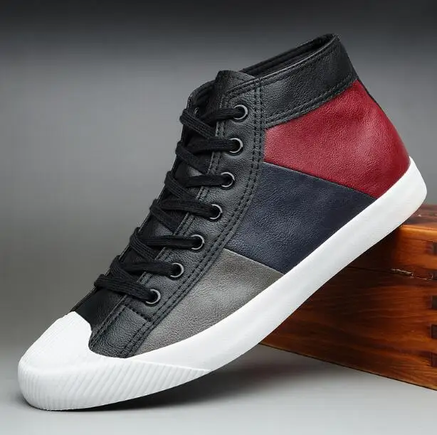 

Nice Autumn New Pop Fashion Men lace-up Patchwork High Tops Leather Casual Shoes Trend Shoes Man Cool Loafers Flats